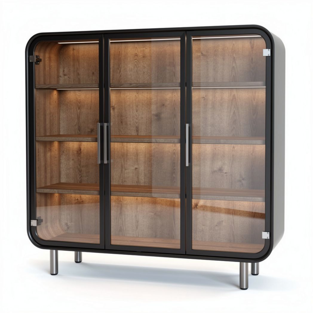 Glass display cabinet with wooden shelves and LED lighting 120 x 40 x 90cm