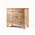 Wooden four-drawer storage cabinet with decorative carvings in natural finish