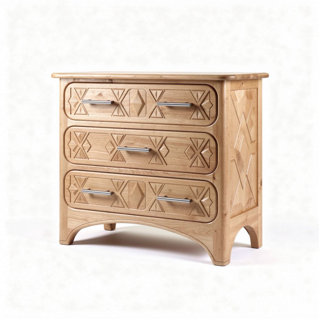 Wooden four-drawer storage cabinet with decorative carvings in natural finish