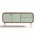 Mid-century modern console table with green cabinet doors and wooden accents