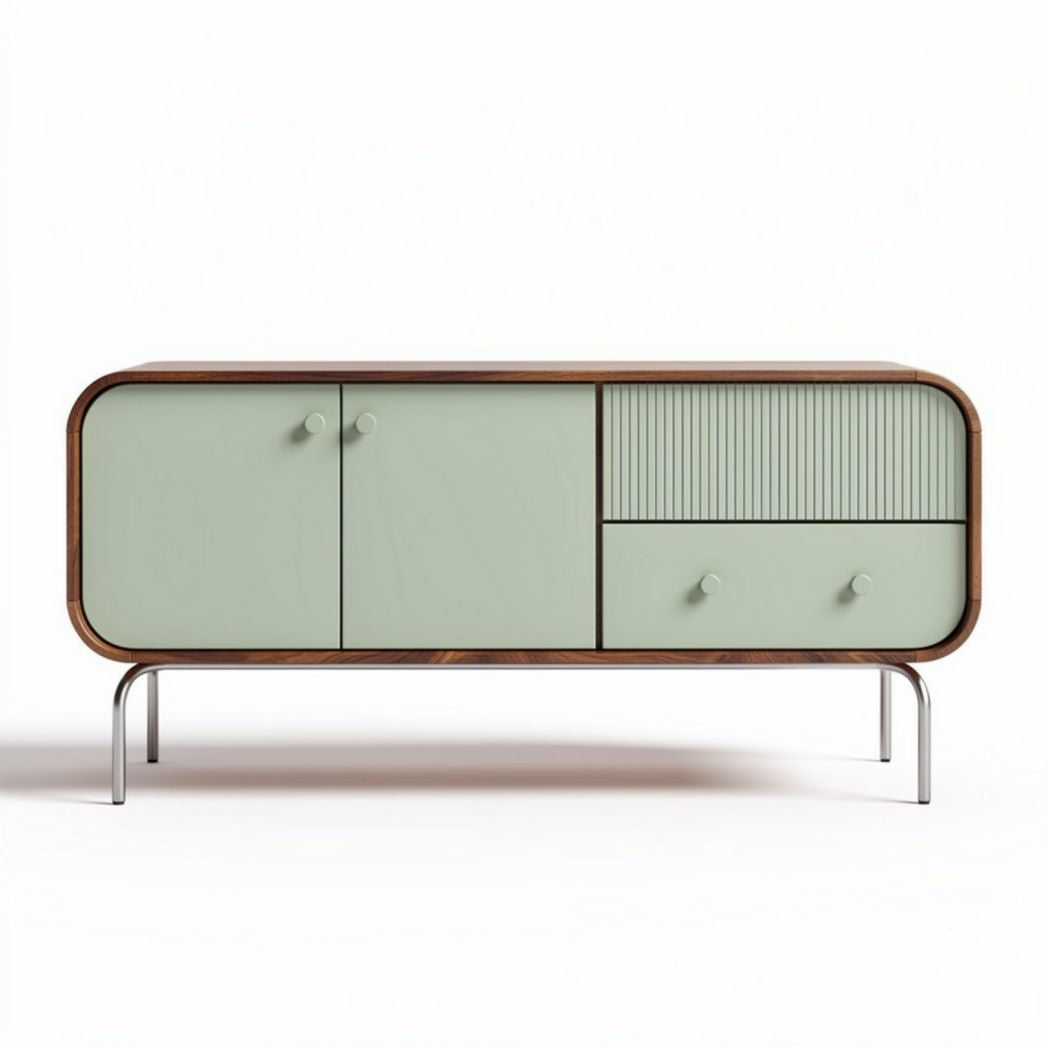 Mid-century modern console table with green cabinet doors and wooden accents