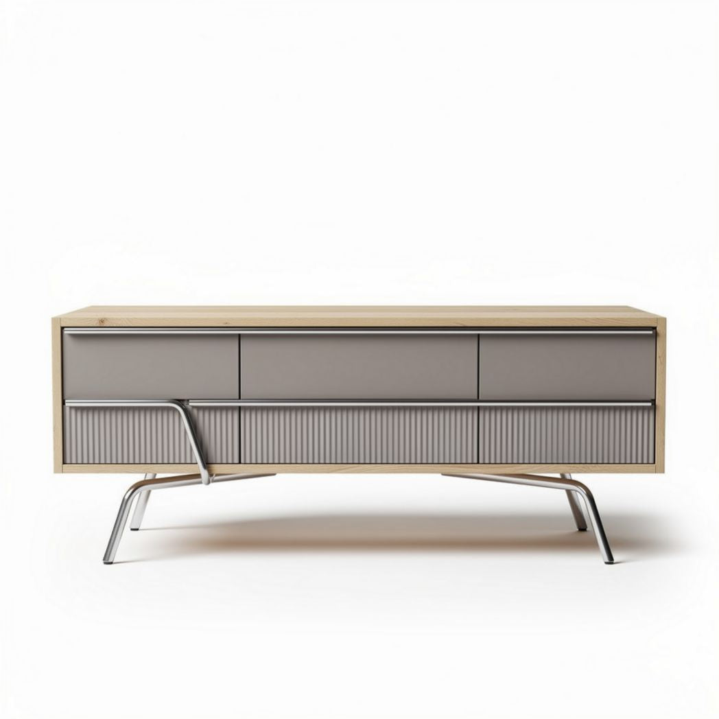 Wooden sideboard with four green doors and tapered legs 150 x 40 x 60cm