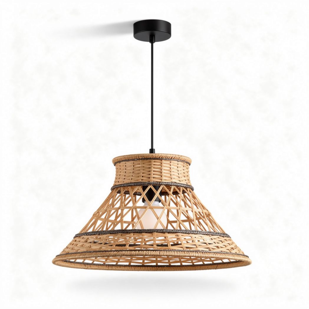 Rattan pendant light fixture with black metal finish and natural color 30 x 30 x 25cm