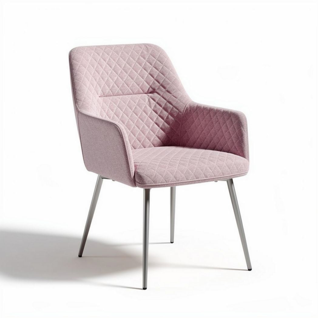 Quilted pink fabric lounge chair with metal legs for modern living spaces