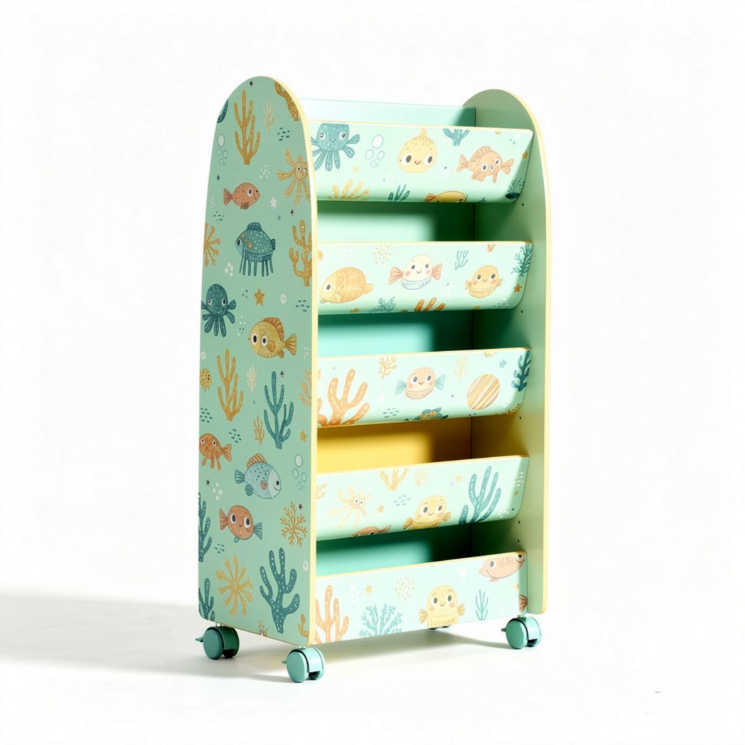 Kids toy storage organizer with fish design and four fabric bins 70 x 40 x 100cm