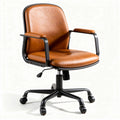 Brown leather office chair with adjustable height and rolling wheels